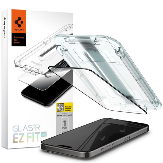 Spigen EZ FIT Film de protection d'écran pour Apple iPhone 15 Pro Max, verre blindé, pleine adhérence, 2.5D, compatible avec les boîtiers, noir AGL06879 AGL06879