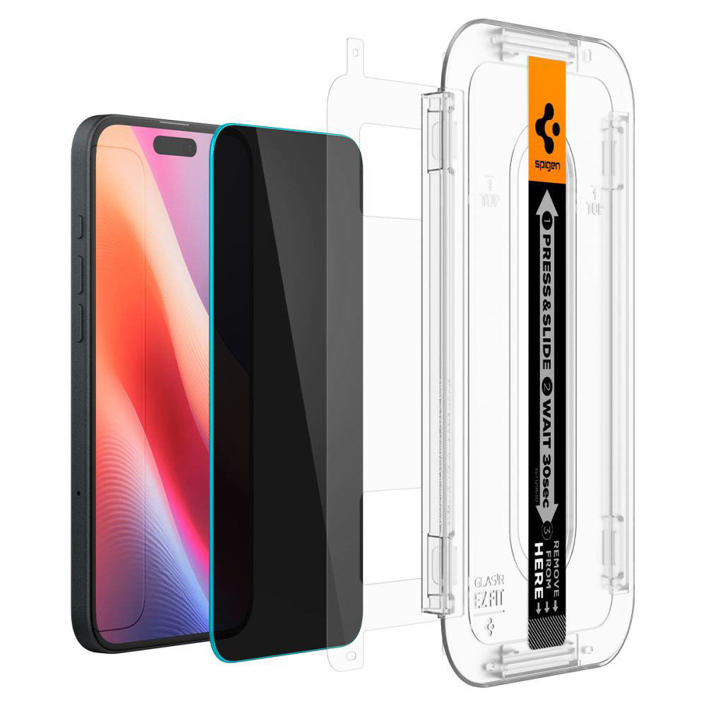 Film de protection écran Privacy Spigen GlastR EZ FIT pour Apple iPhone 16 / 15, Verre Trempé, Full Glue, Lot de 2 pièces