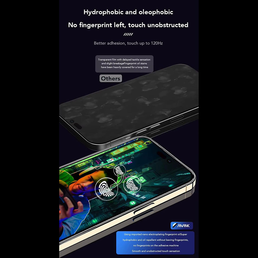 Pellicola protettiva per schermo Anank Anti-Impronte per Apple iPhone 14 Pro, Vetro temperato, Colla completa, 2.5D, Nero