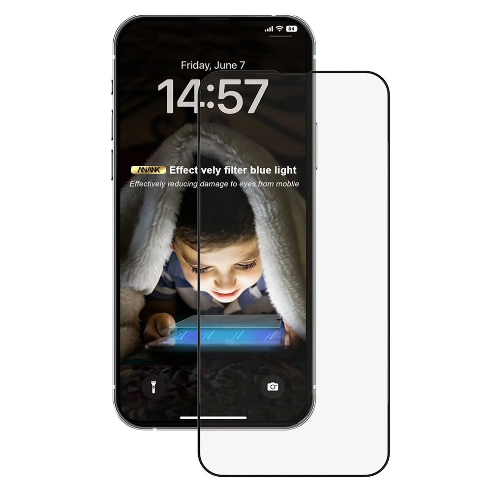 Pellicola protettiva per schermo Anti Blue Light Anank per Apple iPhone 17e / 16e / 14 / 13 Pro, Vetro temperato, Full Glue, 2.5D, Nero