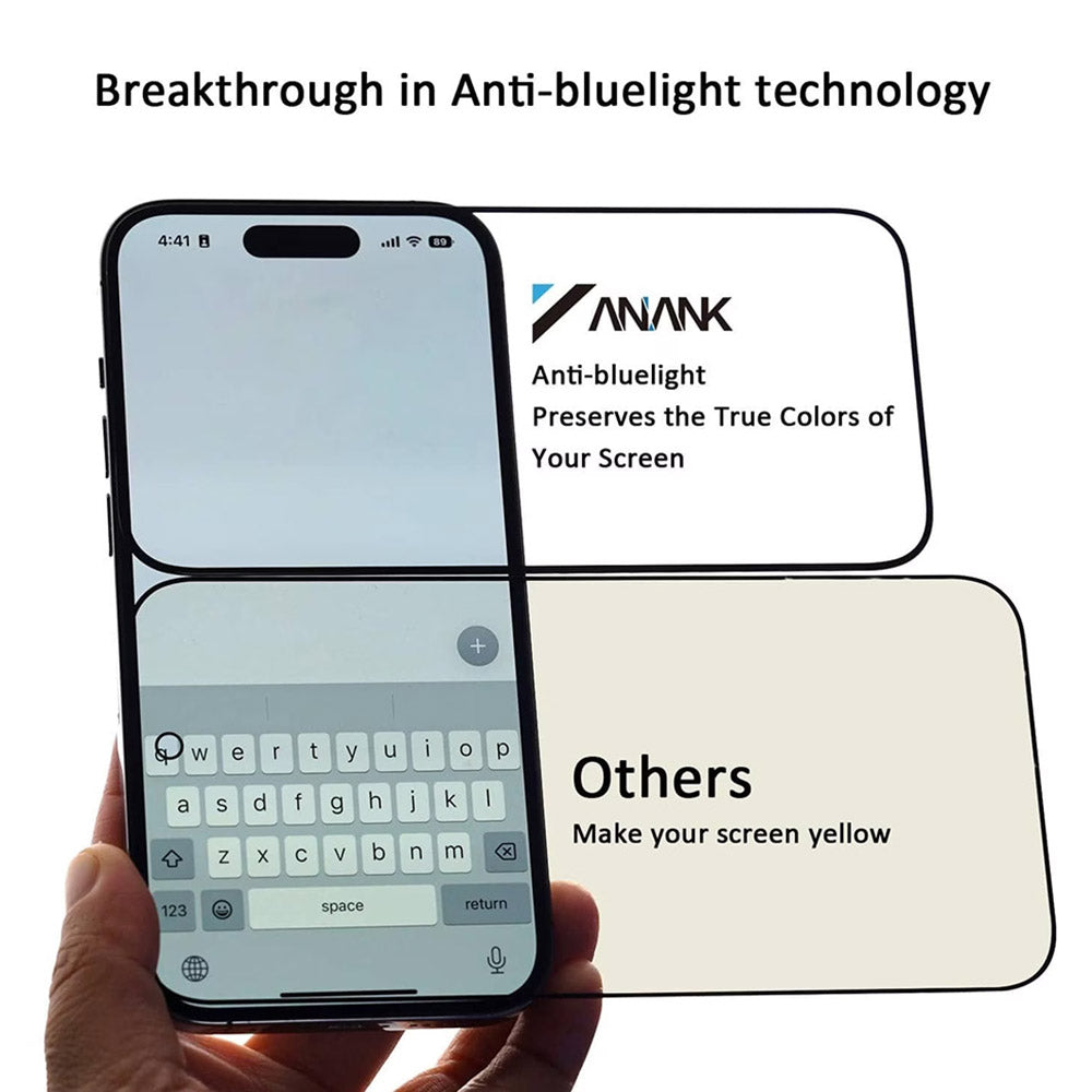 Pellicola protettiva per schermo Anti Blue Light Anank per Apple iPhone 17e / 16e / 14 / 13 Pro, Vetro temperato, Full Glue, 2.5D, Nero