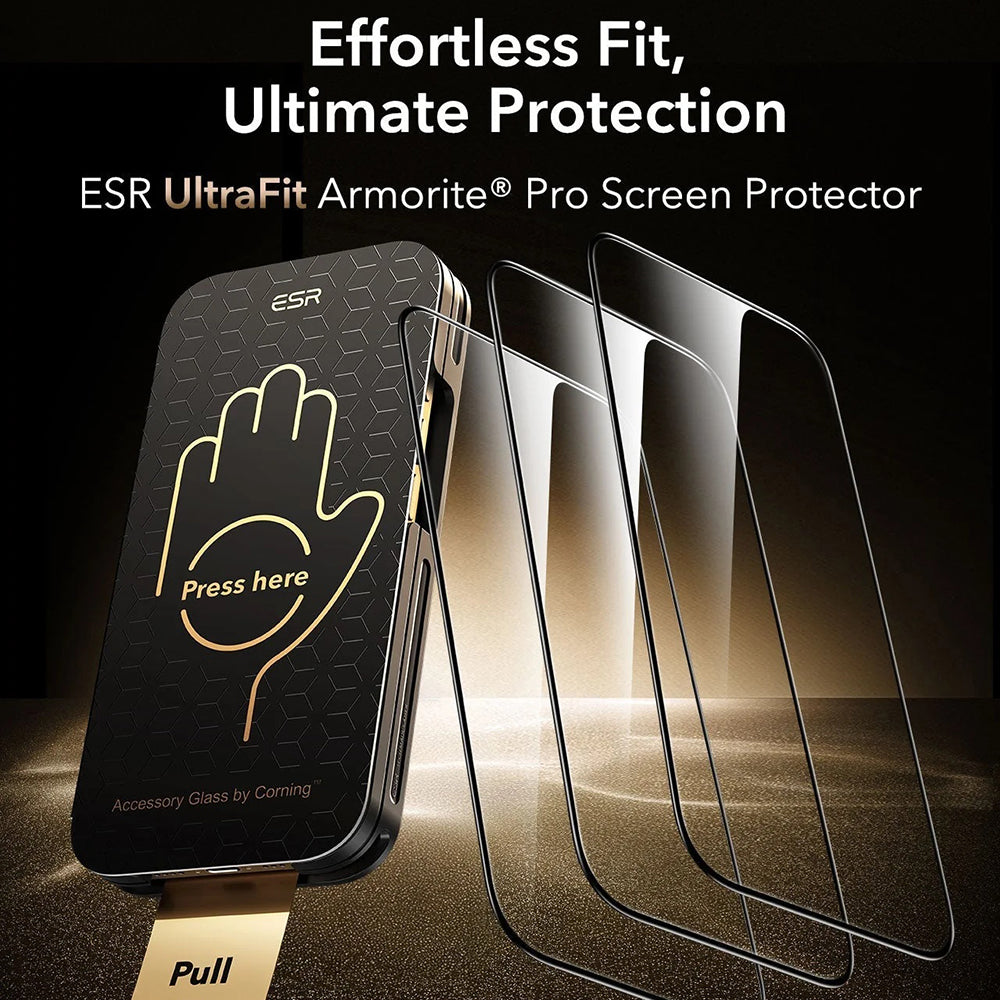 Pellicola protettiva schermo ESR Corning UltraFit per Apple iPhone 17 Pro Max, Vetro Temperato, Full Glue, Set 3 pezzi, Nera