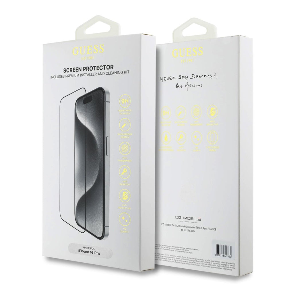 Pellicola Protettiva Schermo Guess Classic Outline per Apple iPhone 16, Vetro Temperato, Full Glue, 2.5D, Nera