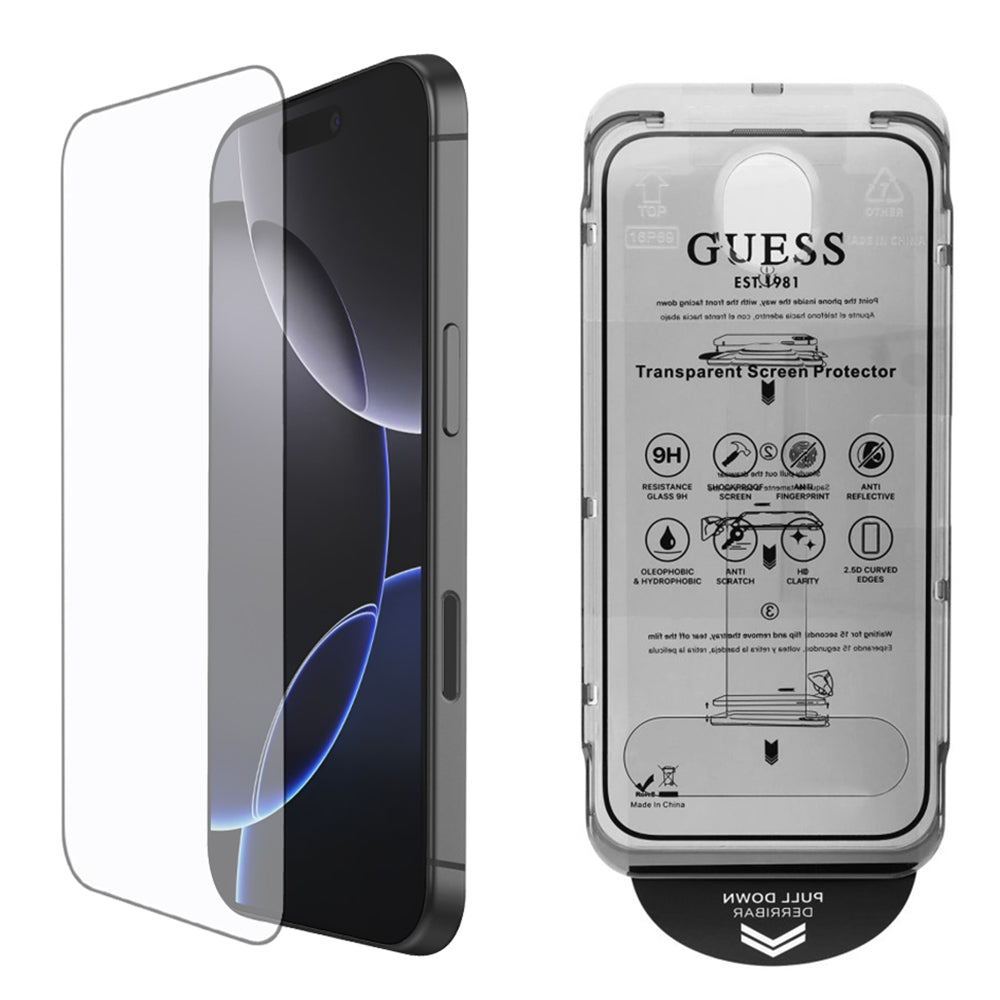 Pellicola Protettiva Schermo Guess Classic Outline per Apple iPhone 16, Vetro Temperato, Full Glue, 2.5D, Nera