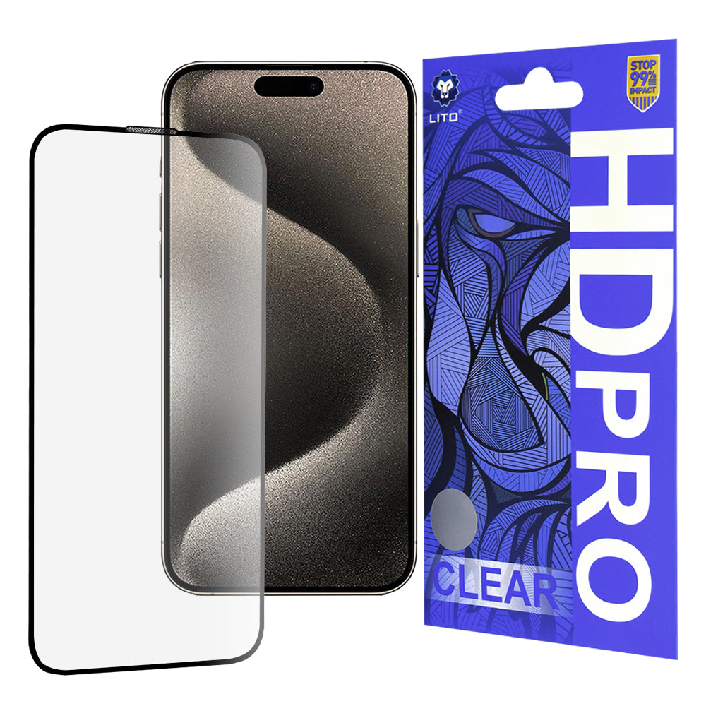 Pellicola protettiva per schermo Lito HD Pro Clear per Apple iPhone 15 Pro Max, Vetro temperato, Full Glue, Nero