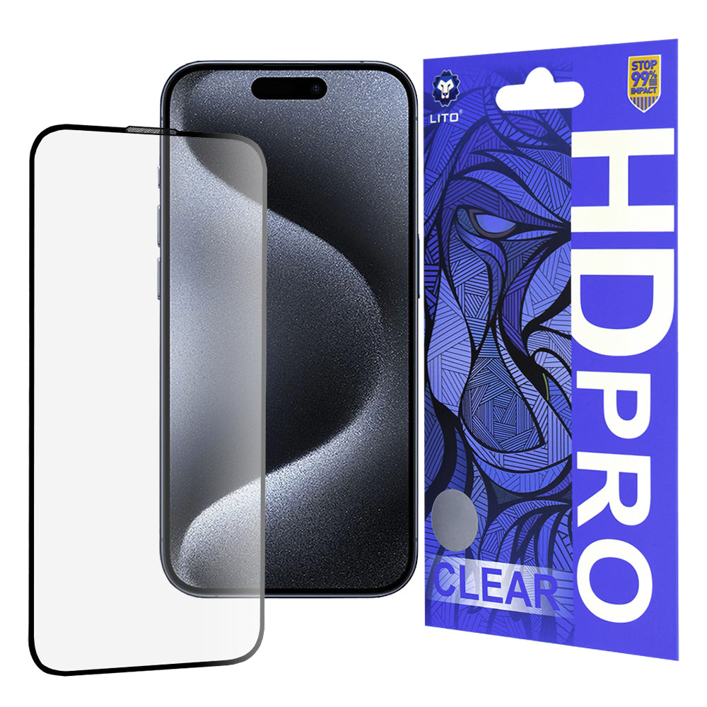 Pellicola protettiva per schermo Lito HD Pro Clear per Apple iPhone 15 Pro, Vetro temperato, Full Glue, Nero