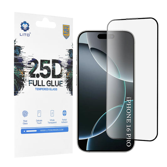 Pellicola protettiva per schermo Lito per Apple iPhone 17 / 16 Pro, Vetro Temperato, Full Glue, 2.5D, Nera