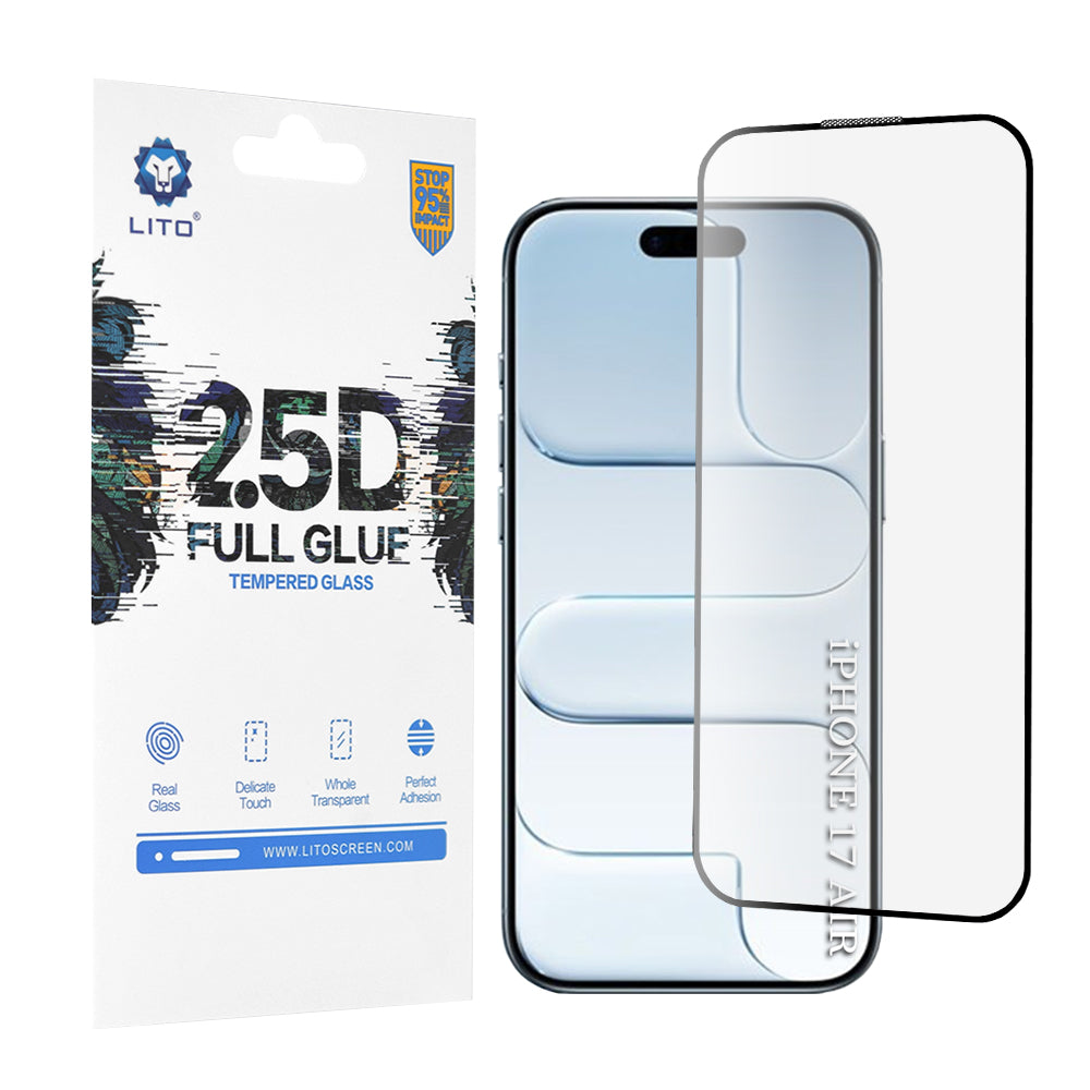 Lito Screen Protector for Apple iPhone 17 Air, Tempered Glass, Full Glue, 2.5D, Black