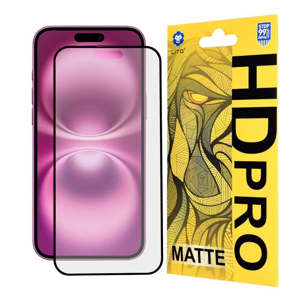 Pellicola protettiva per schermo Matte Lito HD Pro per Apple iPhone 16 Plus, Vetro Temperato, Full Glue, Nero