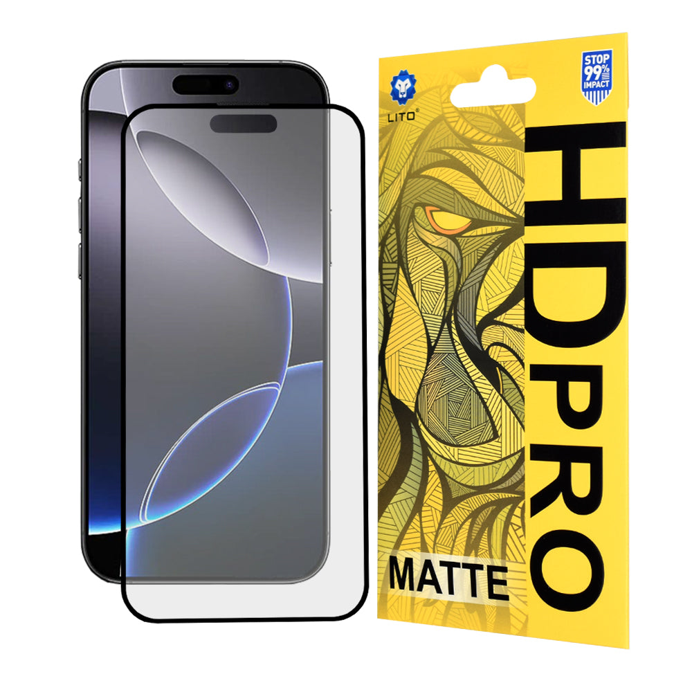 Pellicola protettiva per schermo opaca Lito HD Pro per Apple iPhone 16 Pro Max, vetro temperato, adesivo completo, nero