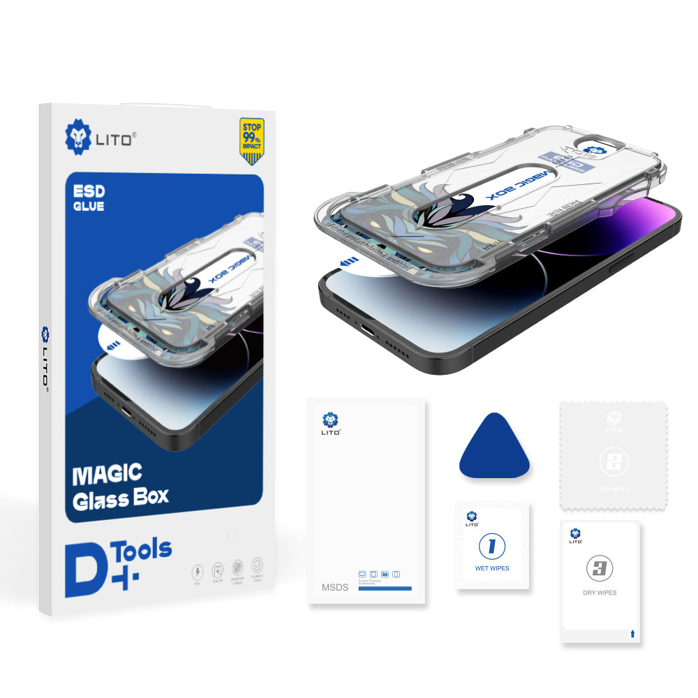 Pellicola protettiva schermo opaca Lito Magic Glass Box D+ Tools per Apple iPhone 16 Plus, vetro temperato, adesivo completo