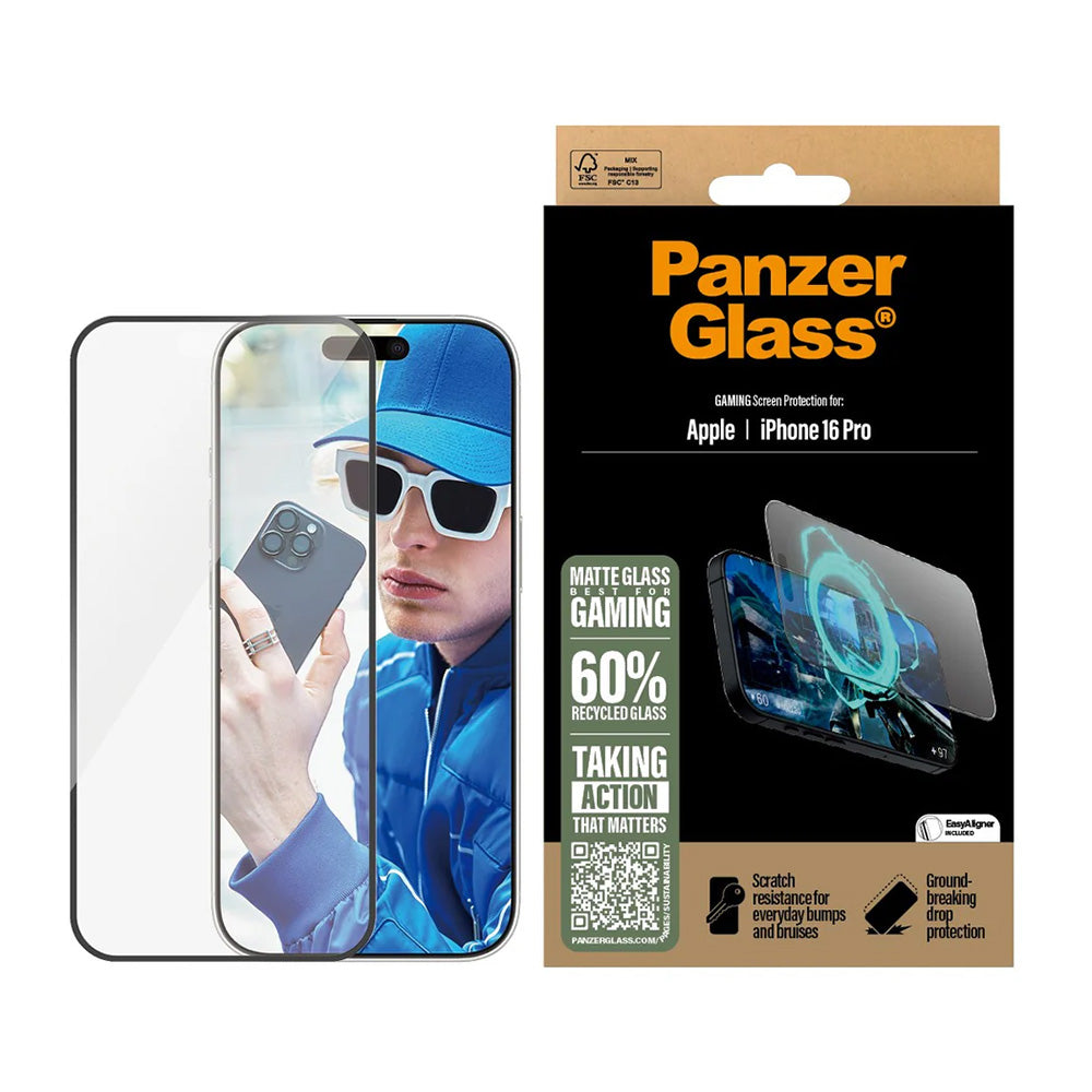 Film de protection Écran Mat PanzerGlass Ultra-Wide Fit Gaming pour Apple iPhone 16 Pro, Verre Trempé, Full Glue, Noir