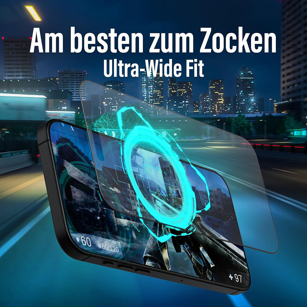 Film de protection Écran Mat PanzerGlass Ultra-Wide Fit Gaming pour Apple iPhone 16 Pro, Verre Trempé, Full Glue, Noir