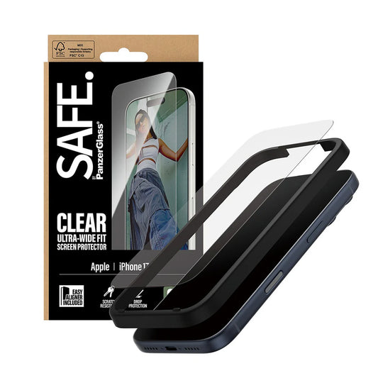 Film de protection d'écran PanzerGlass Safe. Ultra-Wide Fit EasyAligner pour Apple iPhone 17 Pro, Verre Trempé, Full Glue.