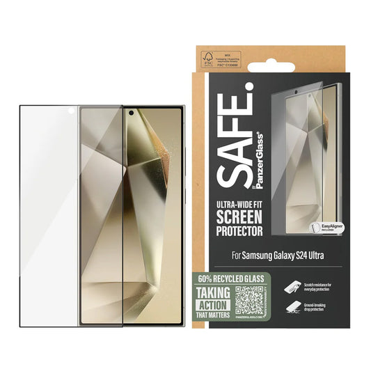 Pellicola Protettiva Schermo PanzerGlass Safe. Ultra-Wide Fit EasyAligner per Samsung Galaxy S24 Ultra S928, Vetro Temperato, Full Glue, Nera