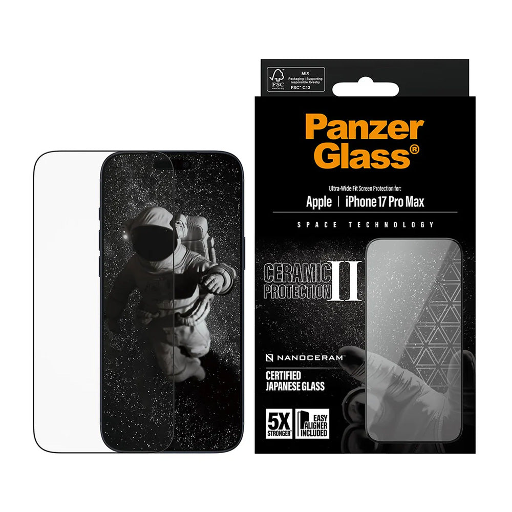 Pellicola Protettiva Schermo PanzerGlass Ultra-Wide Ceramic II EasyAligner per Apple iPhone 17 Pro Max, Vetro Temperato, Full Glue, Nera