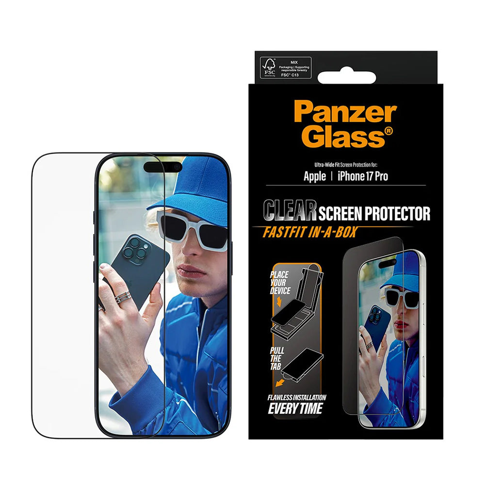 Pellicola Protettiva Schermo PanzerGlass Ultra-Wide Fit Fastfit per Apple iPhone 17 Pro, Vetro Temperato, Full Glue, Nera