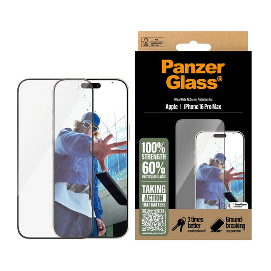 Schutzfolie PanzerGlass Ultra-Wide Fit für Apple iPhone 16 Pro Max, gehärtetes Glas, Full Glue, Schwarz