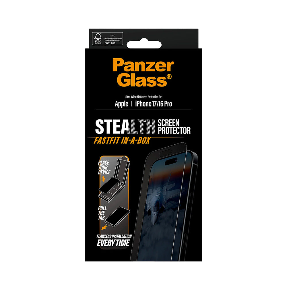 Film de protection d'écran PanzerGlass Ultra-Wide Fit Stealth Fastfit pour Apple iPhone 17 / 16 Pro, Verre Trempé, Full Glue, Noir