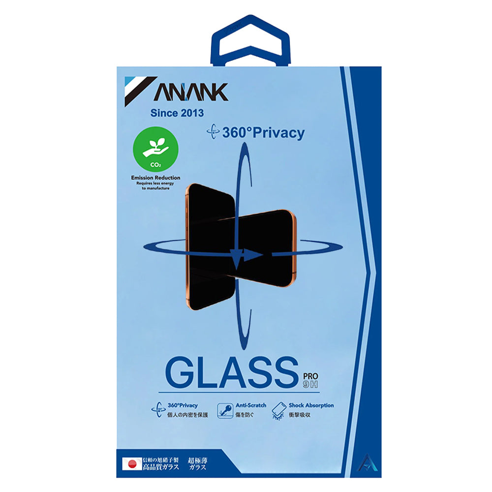 Pellicola protettiva per schermo Privacy Anank 1X Rinforzata 360 per Apple iPhone 15 Pro Max, Vetro Temperato, Colla Completa, 2.5D