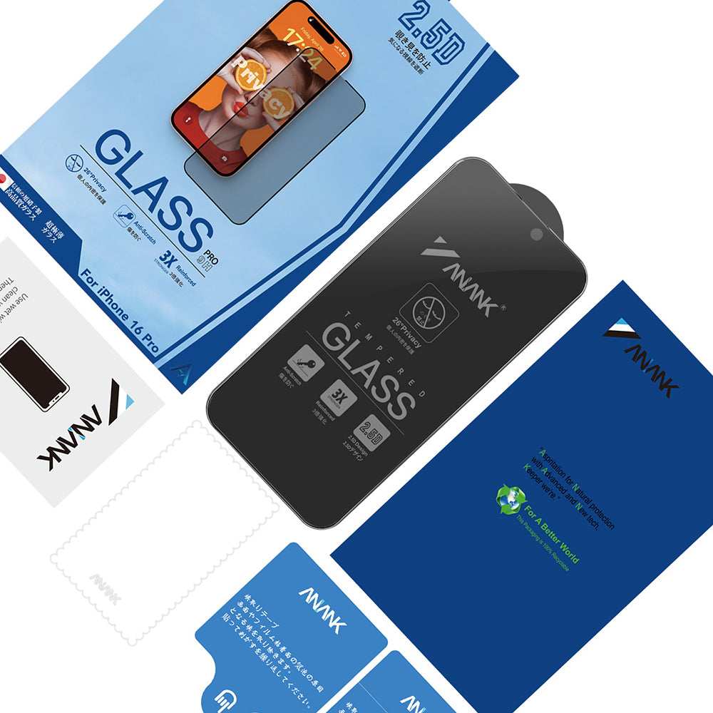 Pellicola Protettiva Schermo Privacy Anank 3X Rinforzata per Apple iPhone 15 Pro, Vetro Temperato, Colla Completa, 2.5D
