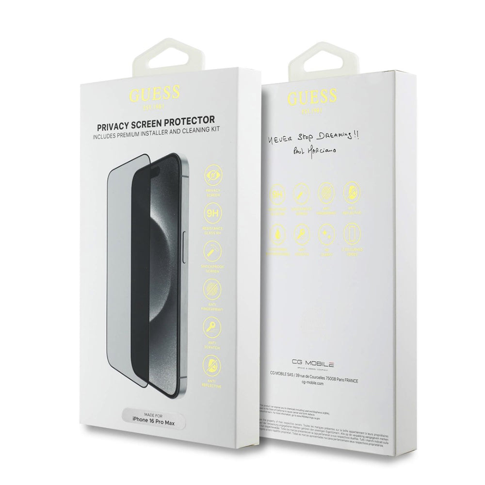 Schutzfolie Privacy Guess für Apple iPhone 16 Pro Max, Gehärtetes Glas, Vollverklebung, 2.5D