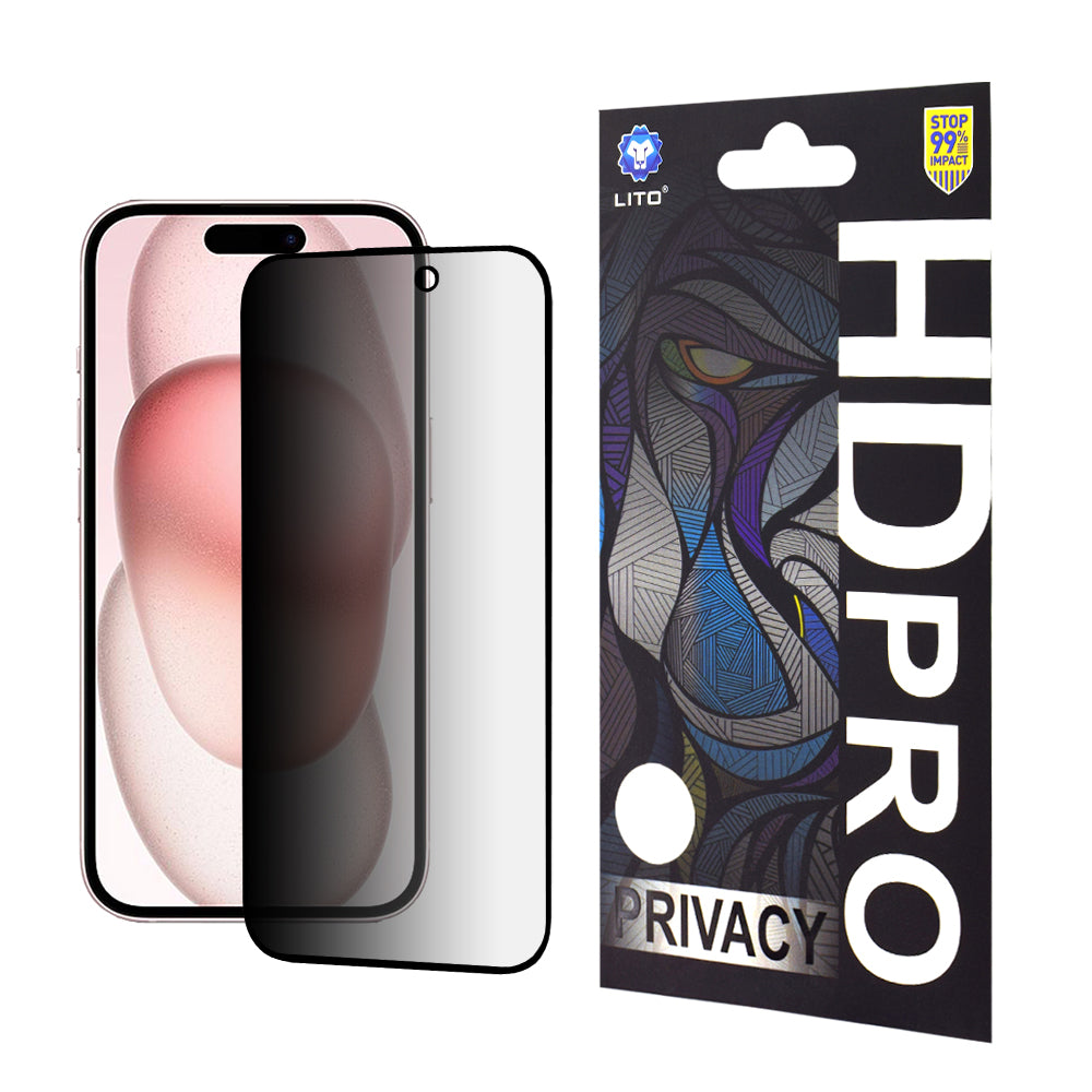Pellicola protettiva per schermo Privacy Lito HD Pro per Apple iPhone 15, Vetro temperato, Full Glue