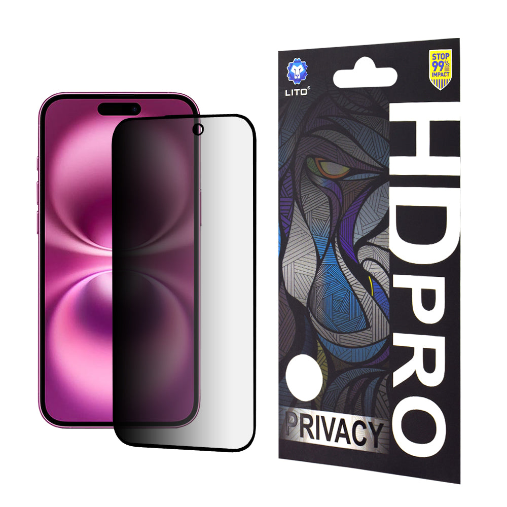 Pellicola protettiva per schermo Privacy Lito HD Pro per Apple iPhone 16 Plus, Vetro temperato, Full Glue