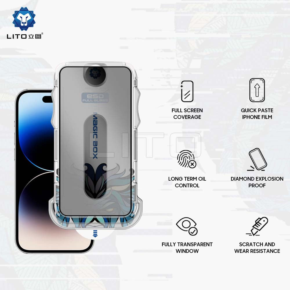 Pellicola protettiva per schermo Privacy Lito Magic Glass Box D+ Tools per Apple iPhone 16 Pro Max, Vetro Temperato, Colla Totale