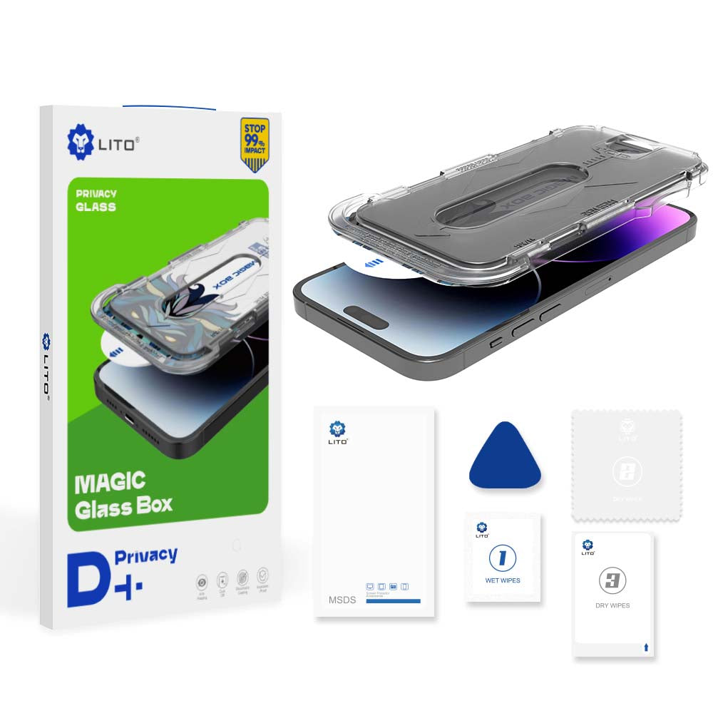 Pellicola protettiva per schermo Privacy Lito Magic Glass Box D+ Tools per Apple iPhone 16 Pro Max, Vetro Temperato, Colla Totale