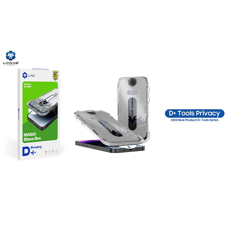Pellicola protettiva per schermo Privacy Lito Magic Glass Box D+ Tools per Apple iPhone 16, Vetro Temperato, Colla Completa