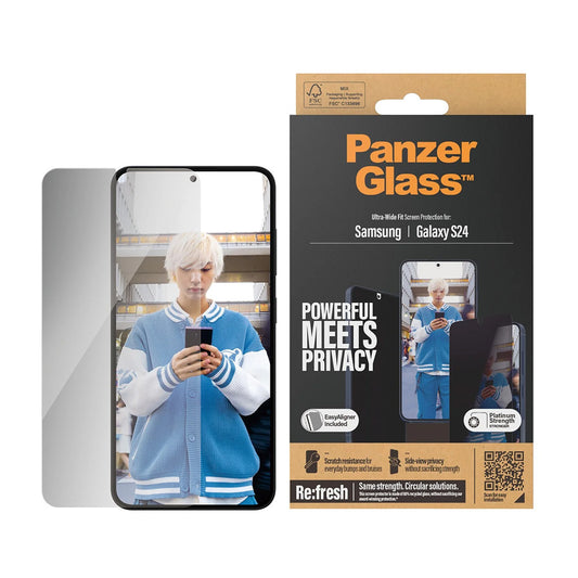 Film de protection écran Privacy PanzerGlass Ultra-Wide Fit EasyAligner pour Samsung Galaxy S24 S921, Verre Trempé, Full Glue