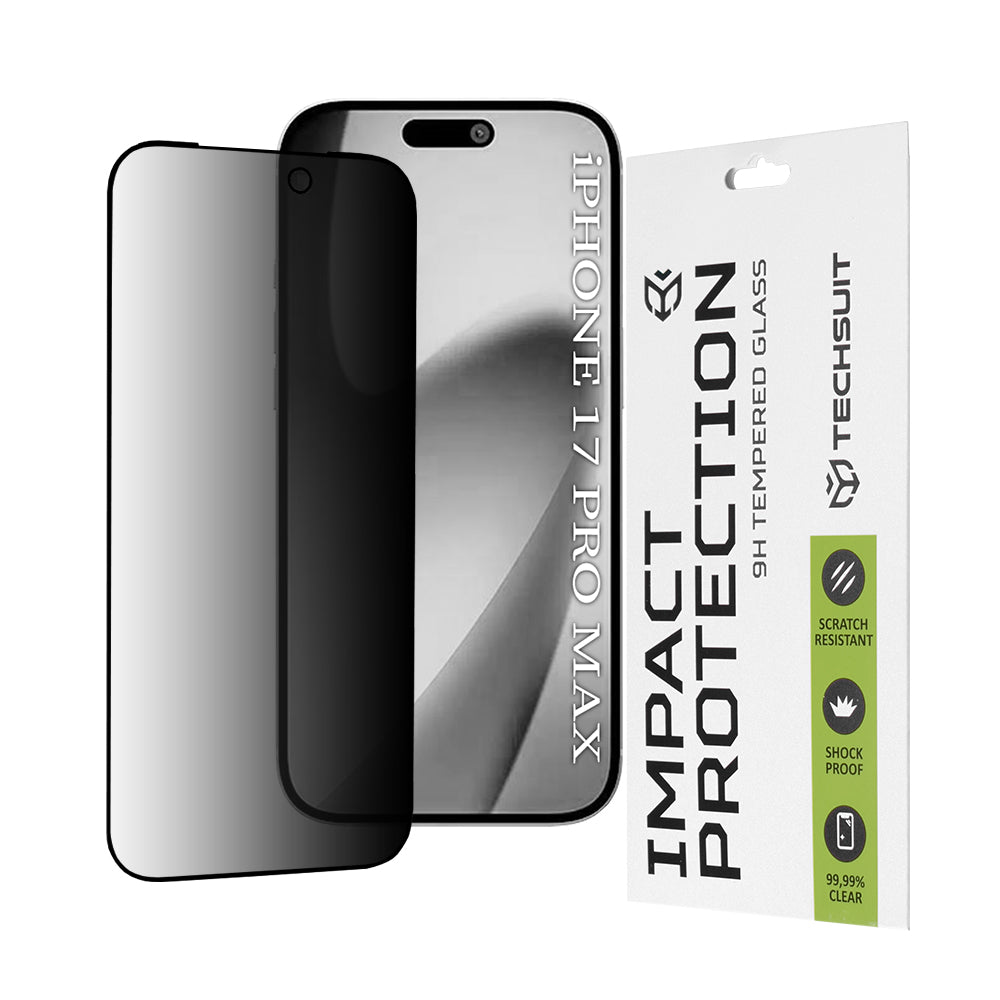 Schutzfolie Privacy Techsuit für Apple iPhone 17 Pro Max, Gehärtetes Glas, Full Glue, 111D
