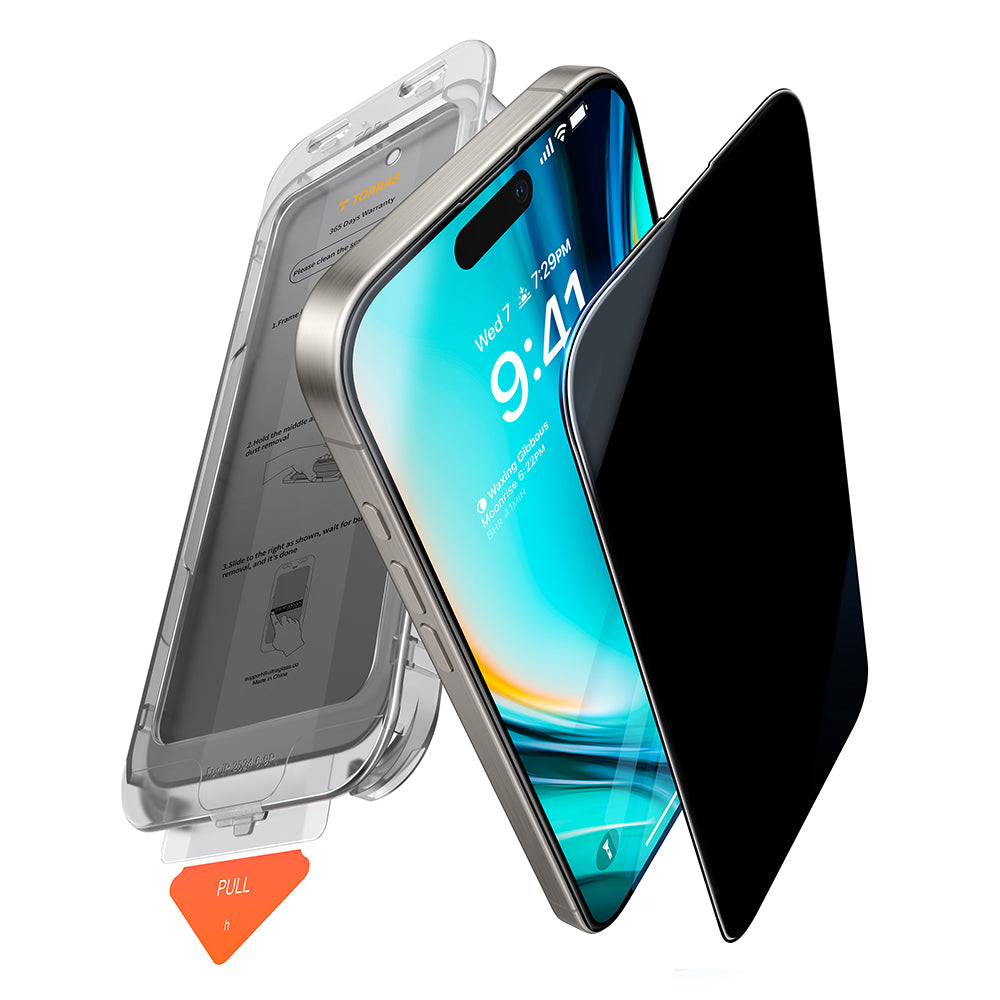 Film de protection Écran Privacy Torras GlassGo Install Master pour Apple iPhone 16, Verre Trempé, Full Glue