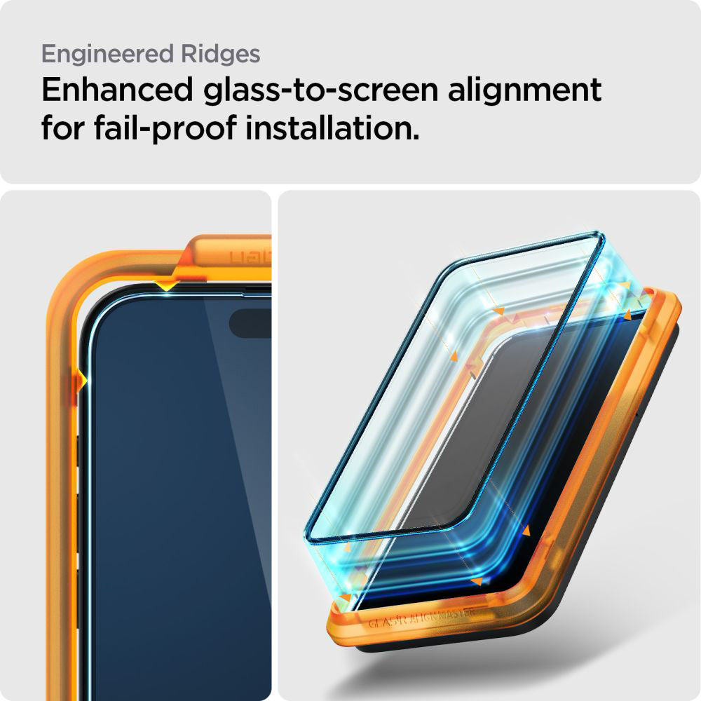 Schutzfolie Spigen GlastR Align Master für Apple iPhone 15 Plus, gehärtetes Glas, Full Glue, Set mit 2 Stück, Schwarz AGL06886