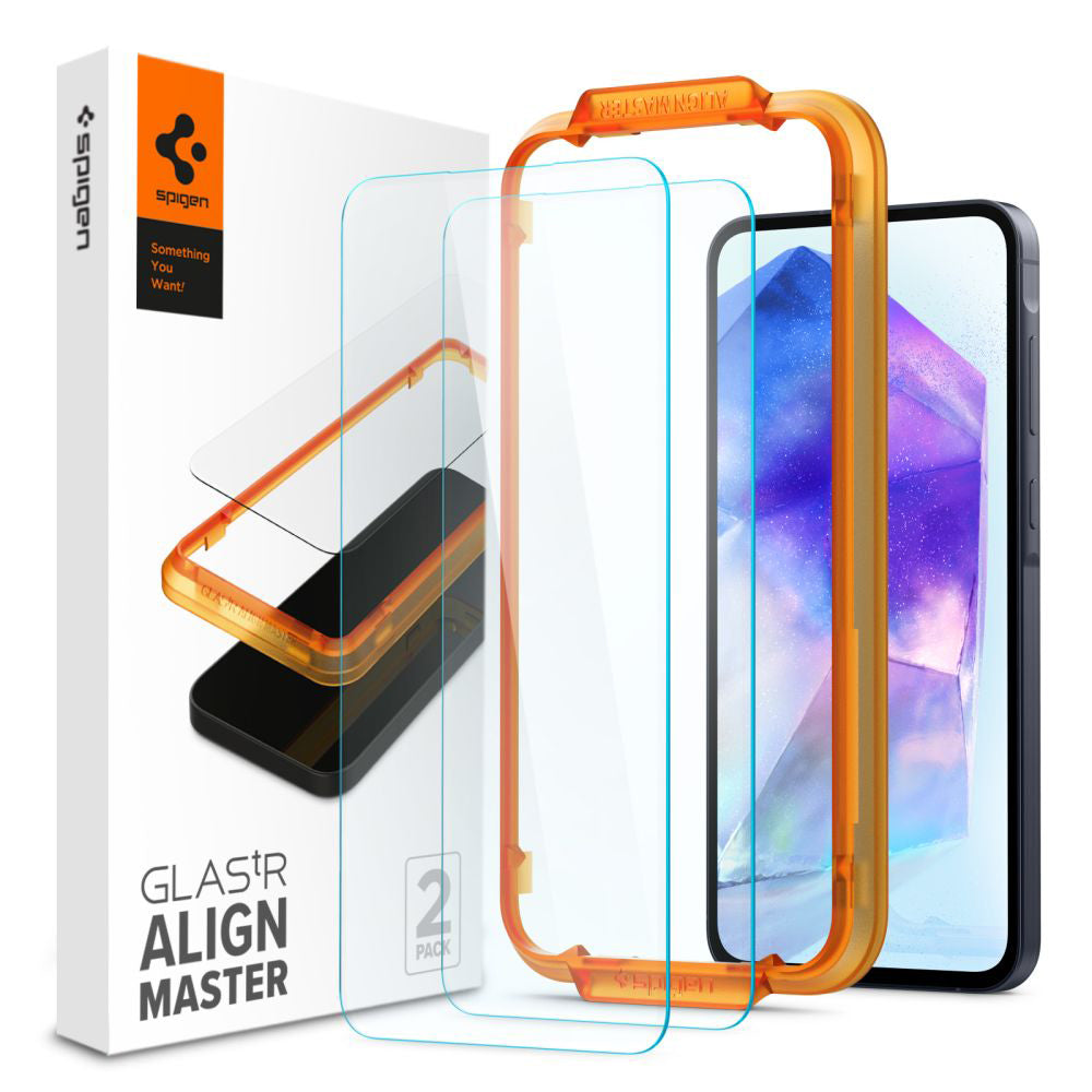 Pellicola protettiva per schermo Spigen GlastR Align Master per Samsung Galaxy A55 5G A556, Vetro temperato, Full Glue, Set 2 pezzi AGL07775