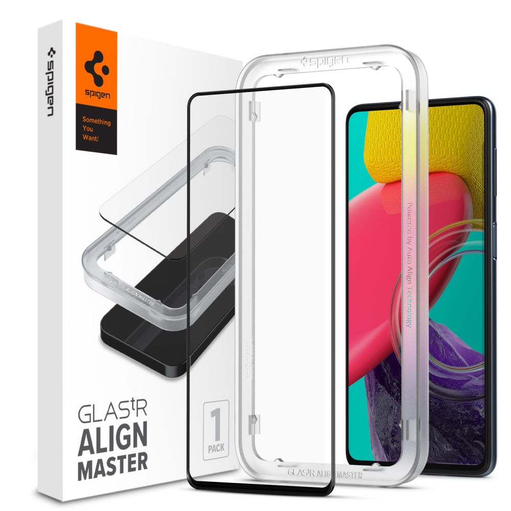 Pellicola Protettiva Schermo Spigen GlastR Align Master per Samsung Galaxy M53 M536, Vetro Temperato, Full Glue, Nera