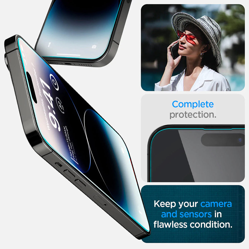 Film de protection écran Spigen GlastR EZ FIT pour Apple iPhone 14 Pro, Verre Trempé, Full Glue, Lot de 2 pièces