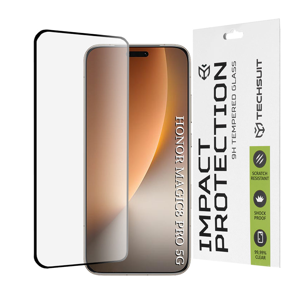 Pellicola protettiva per schermo Techsuit per Honor Magic8 Pro, Vetro Temperato, Full Glue, 111D, Nera