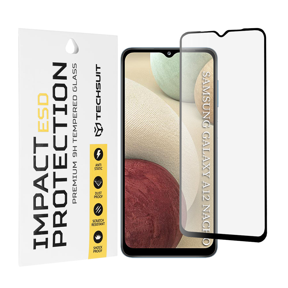Pellicola protettiva per schermo Techsuit per Samsung Galaxy F12 F127 / A12 Nacho A127 / M02 M022 / M12 M127, Vetro temperato, Full Glue, Nero