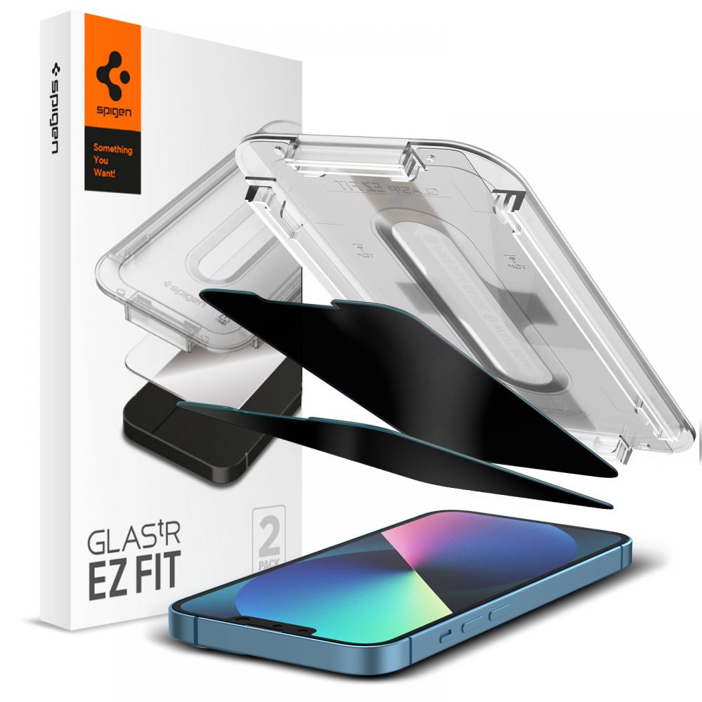 Pellicola protettiva per schermo Privacy Spigen GlastR EZ FIT per Apple iPhone 17e / 16e / 14 / 13 Pro, Vetro temperato, Full Glue, Set 2 pezzi AGL03388