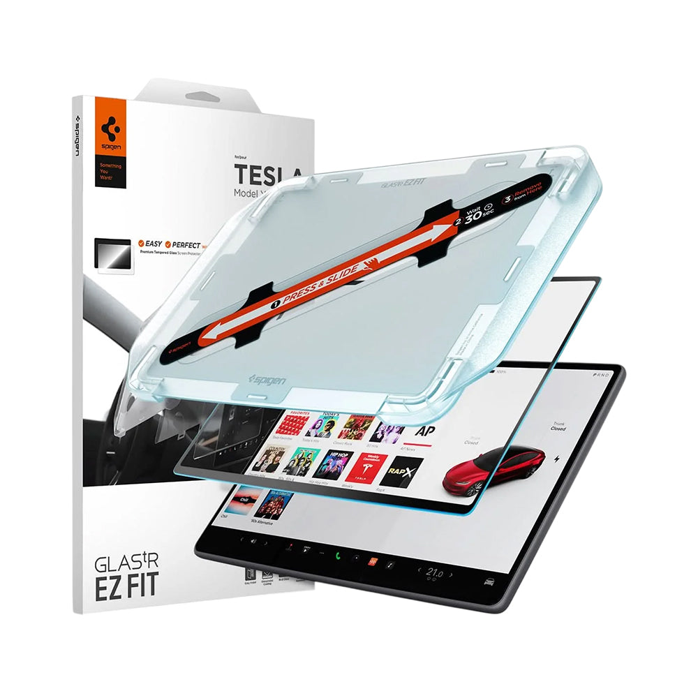 Film de protection Spigen GlastR EZ FIT Anti-Glare FC pour écran de navigation Tesla Y (2026 / 2025) / 3 (2026 / 2025 / 2024), verre trempé AGL07152