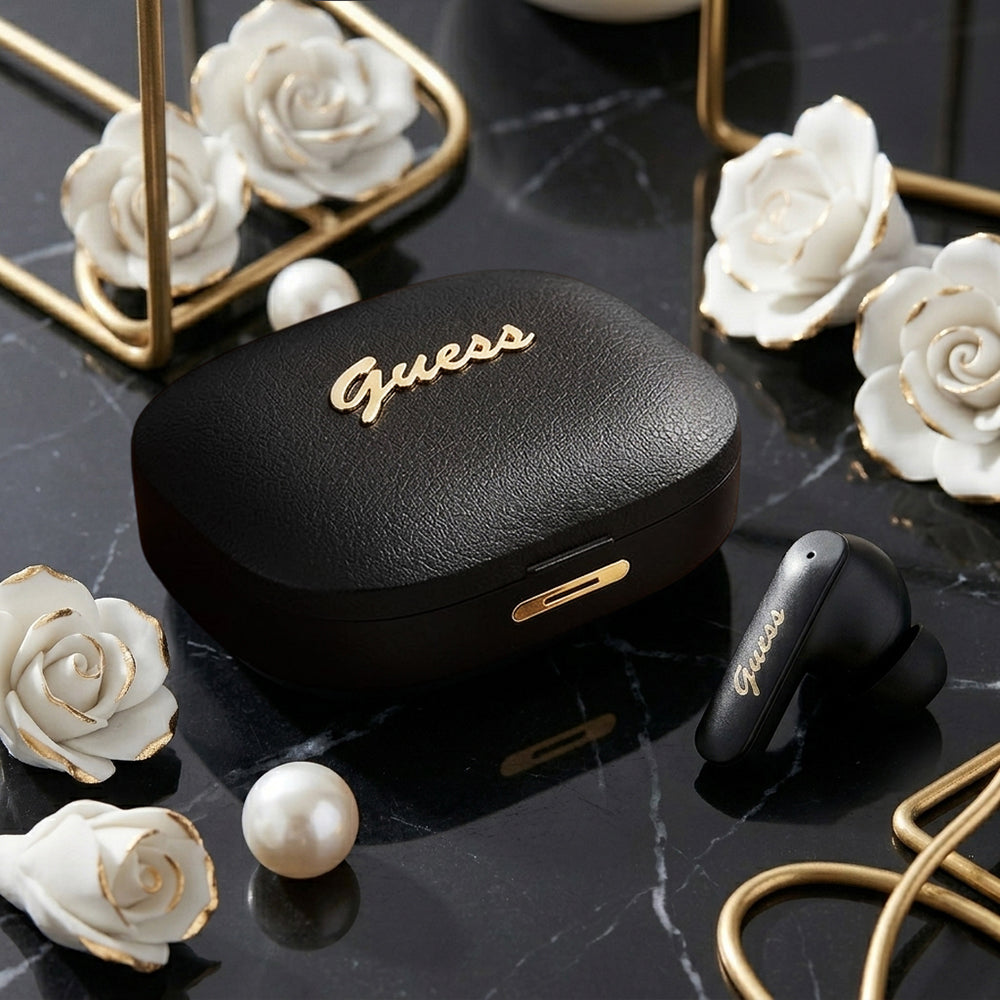 Auricolari Bluetooth Guess Script con Logo Metallico, TWS, Nero