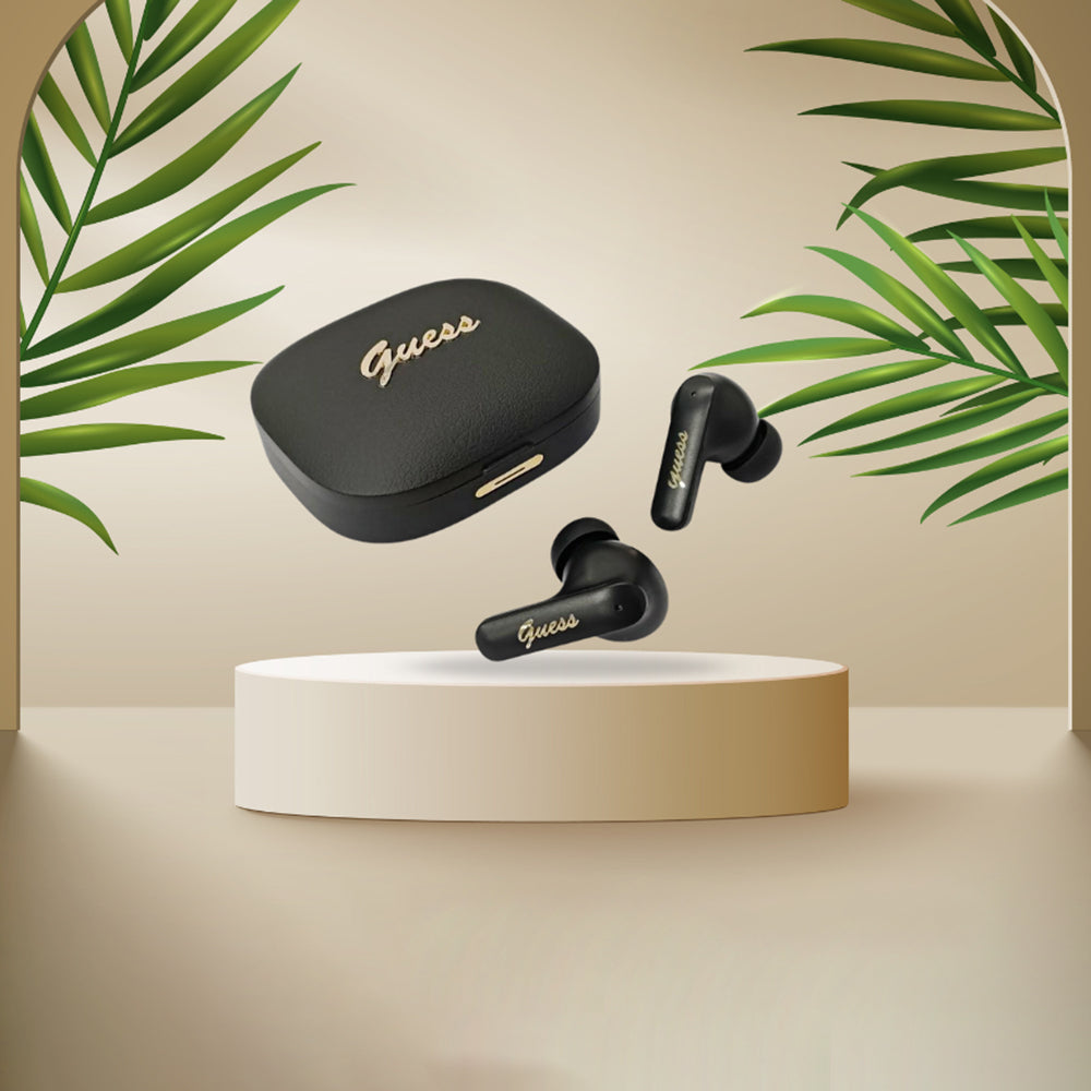 Auricolari Bluetooth Guess Script con Logo Metallico, TWS, Nero