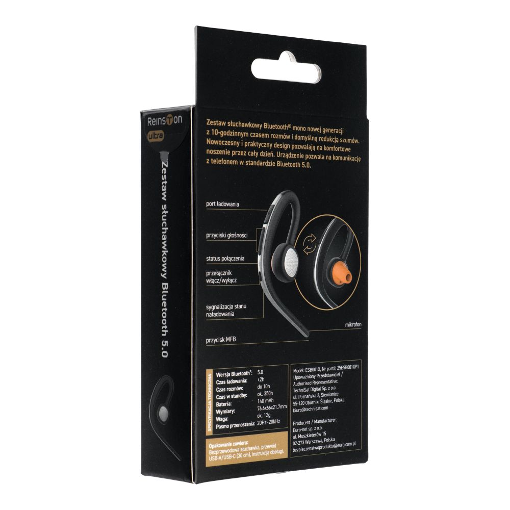 Auricolare Bluetooth Reinston ESB001X, MultiPoint, A2DP, Nero