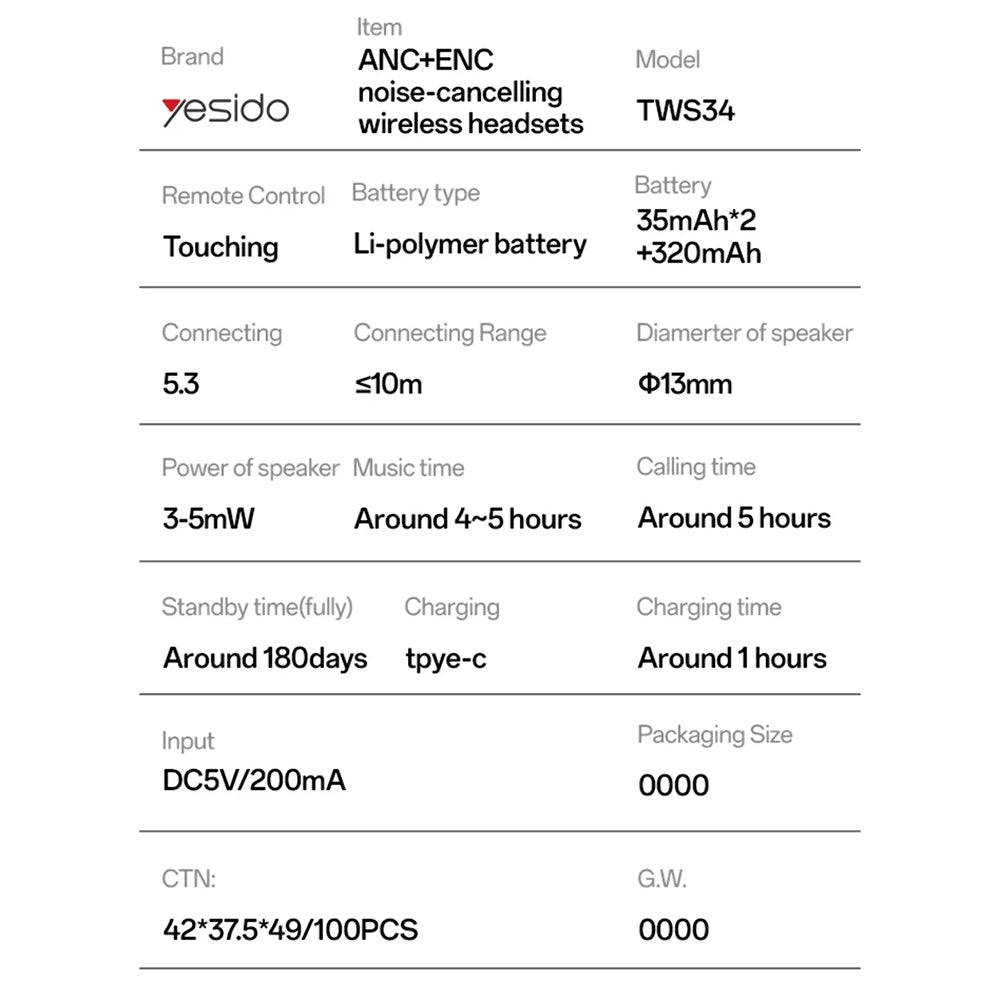 Auricolare Bluetooth Yesido TWS34, TWS, ANC, Bianco