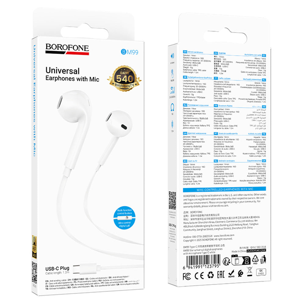 Écouteurs mains libres USB-C Borofone BM99 Star, Blanc