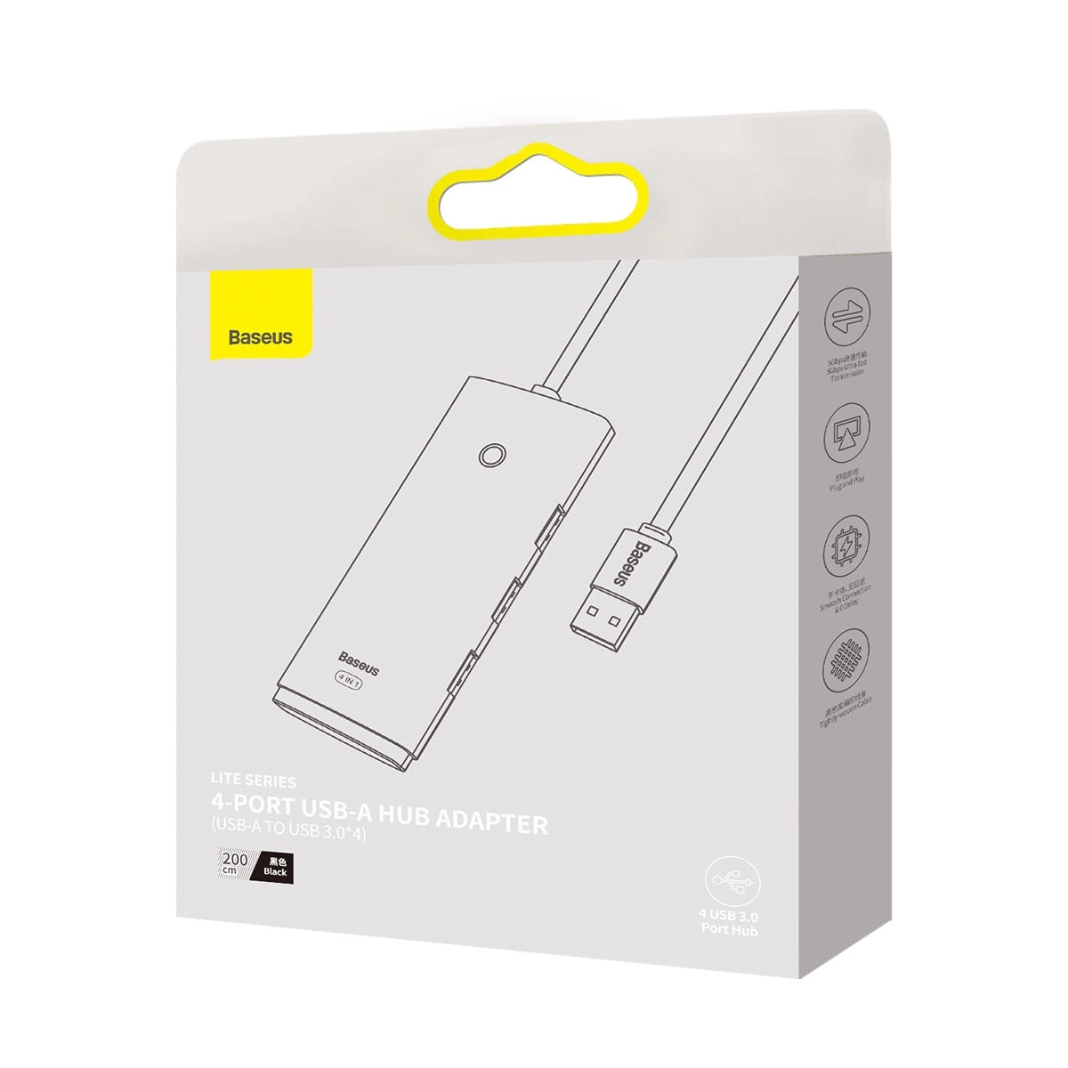 Hub USB Baseus Lite, 4 x USB-A 3.0 - 1 x USB-C, 2m, Schwarz WKQX030201