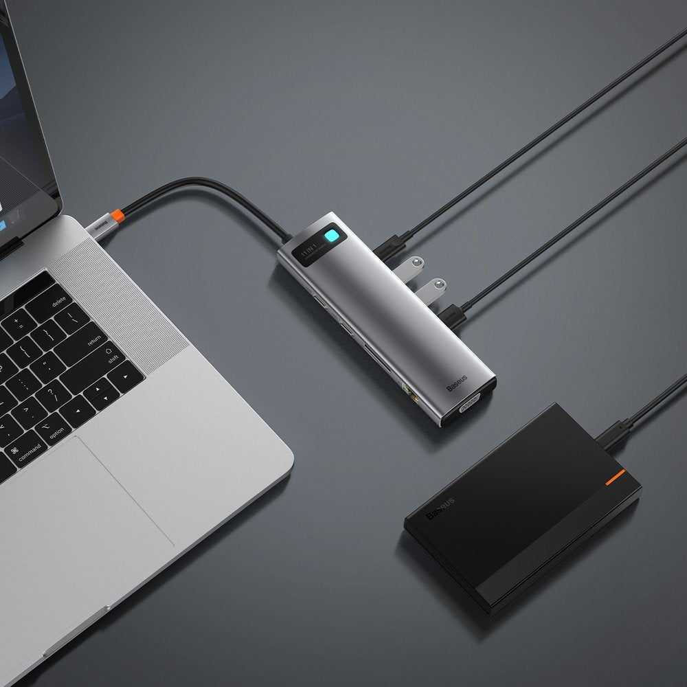 Hub USB-C Baseus Metal Gleam, 3 x USB-A 3.0 - 1 x USB-C - 2 x HDMI - 1 x VGA - 1 x Jack 3.5mm - 1 x RJ45 - 1 x SD - 1 x microSD, Grigio CAHUB-CT0G