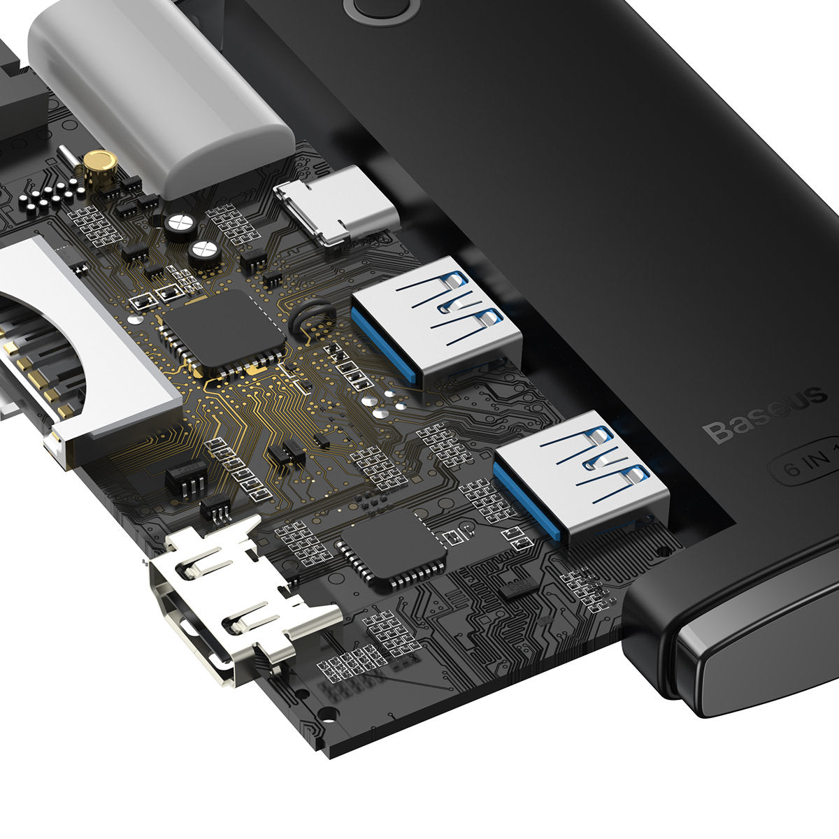 Hub USB-C Baseus, 2 x USB-A 3.0 - 1 x USB-C - 1 x HDMI - 1 x SD - 1 x microSD, Nero WKQX050001